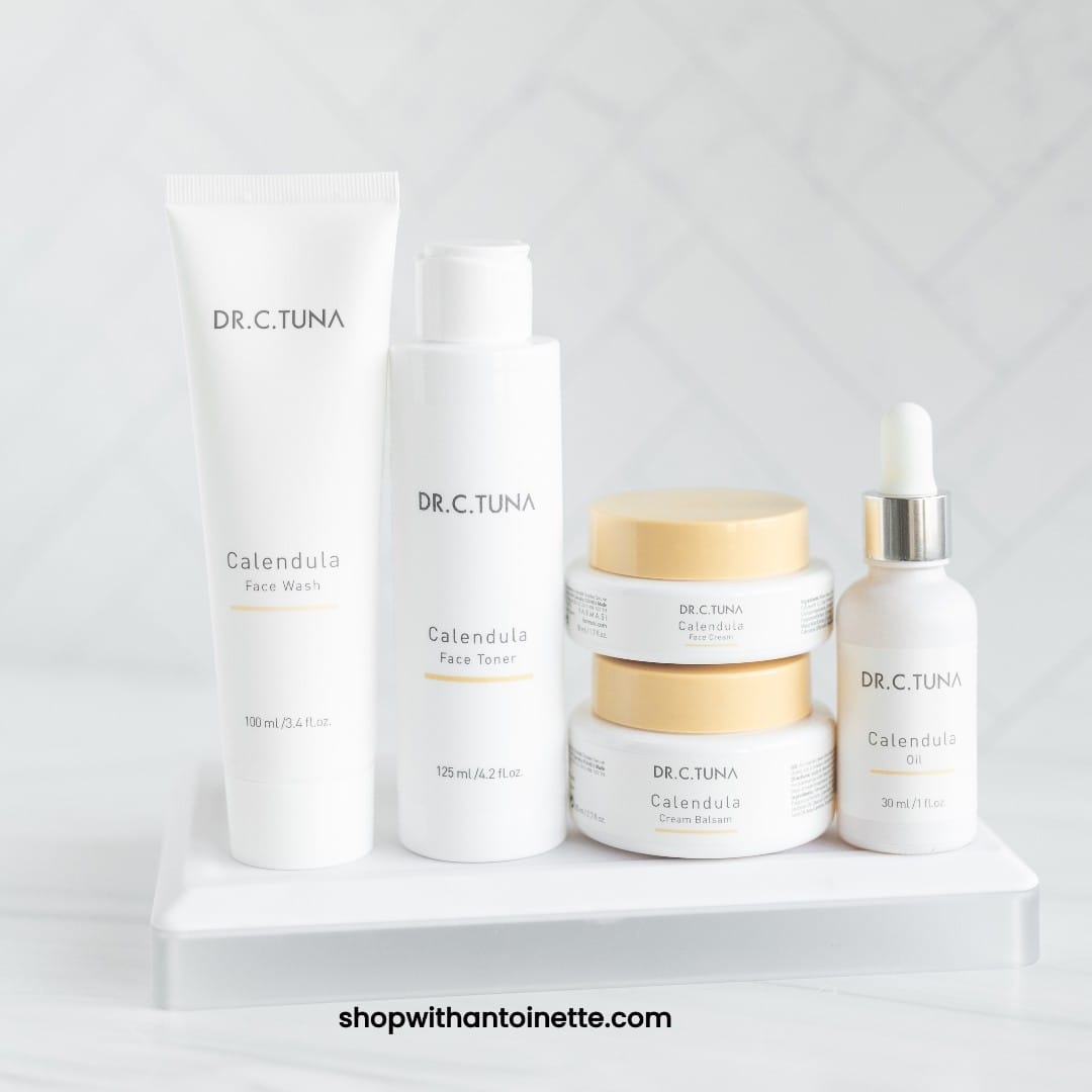 DR. C. TUNA skincare products on a white surface with a light gray background