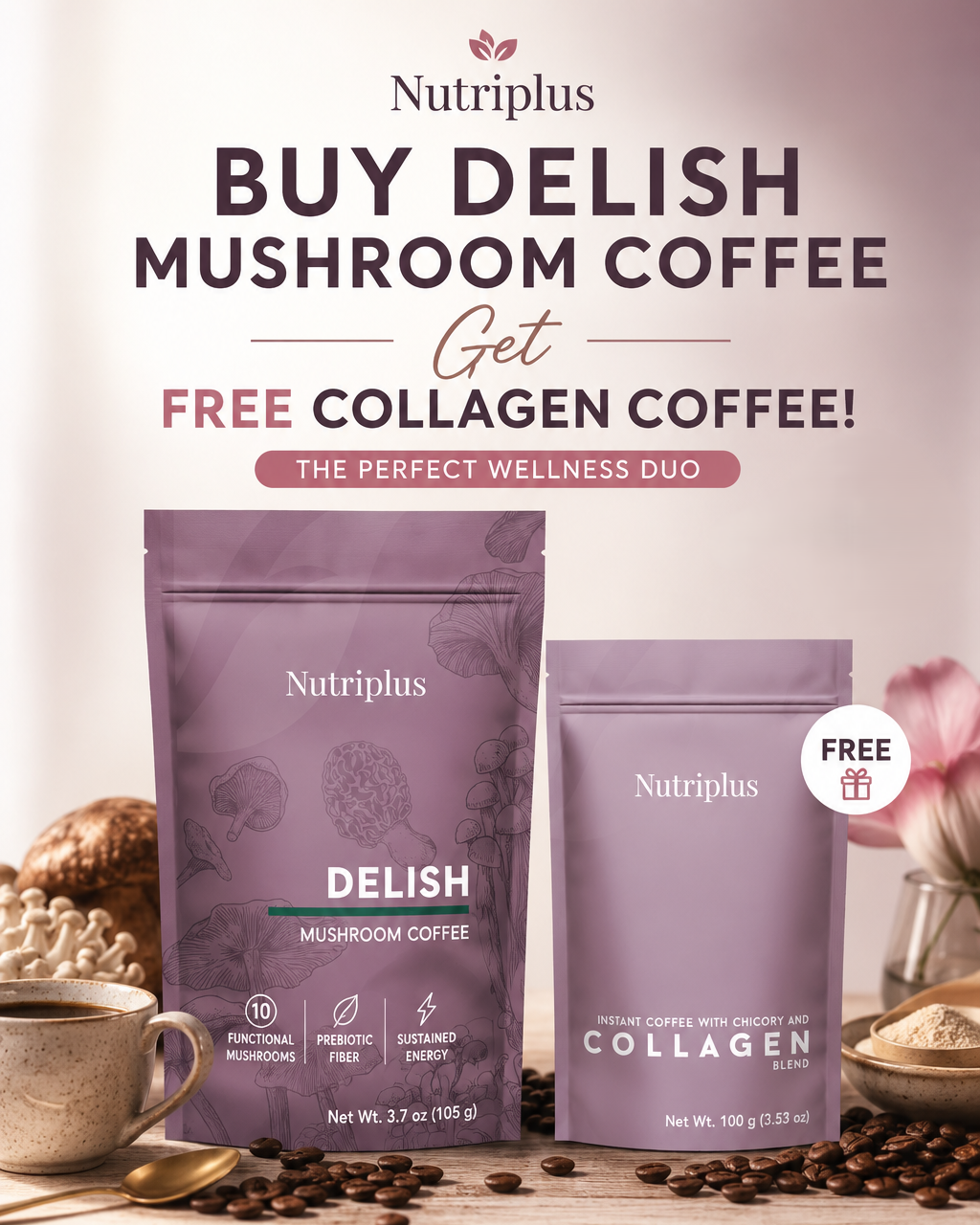 Buy Delish Mushroom Coffee, Get FREE Collagen Coffee