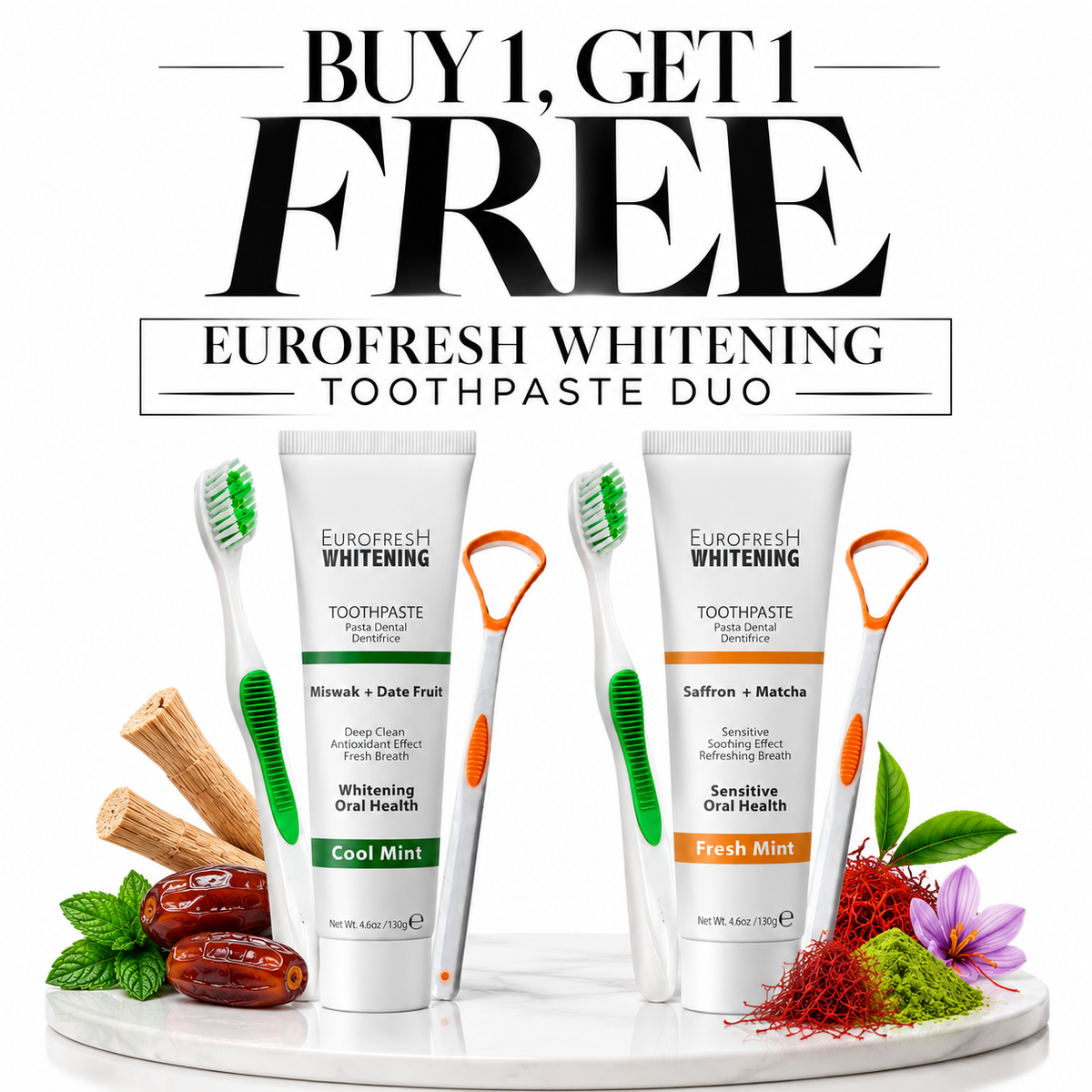 Eurofresh Whitening Toothpaste Duo – Miswak & Date Fruit + Saffron & Matcha | BOGO