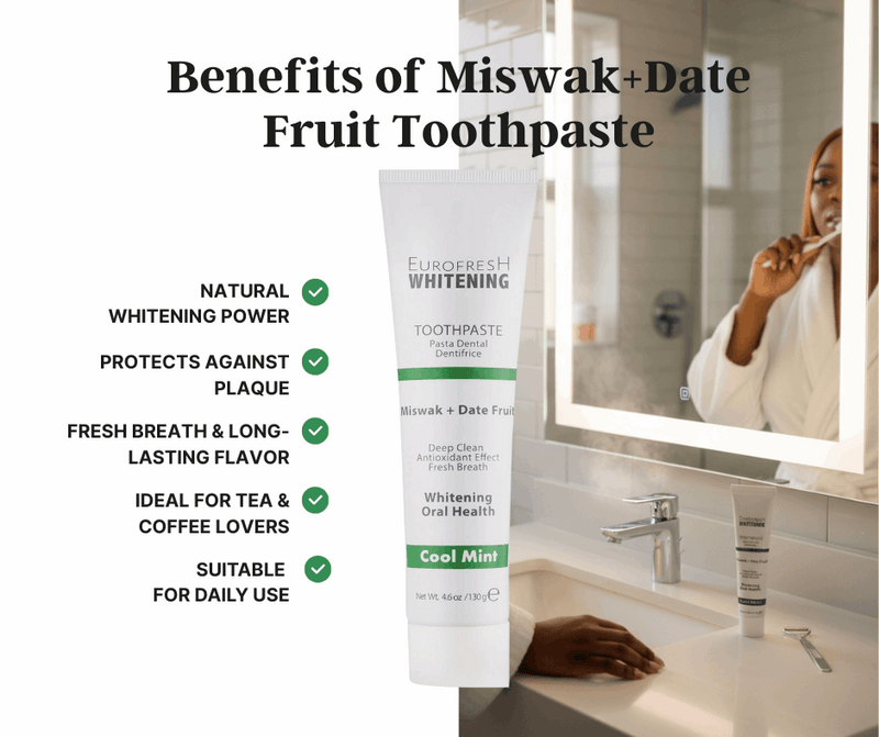 Eurofresh Whitening Toothpaste Duo – Miswak & Date Fruit + Saffron & Matcha | BOGO