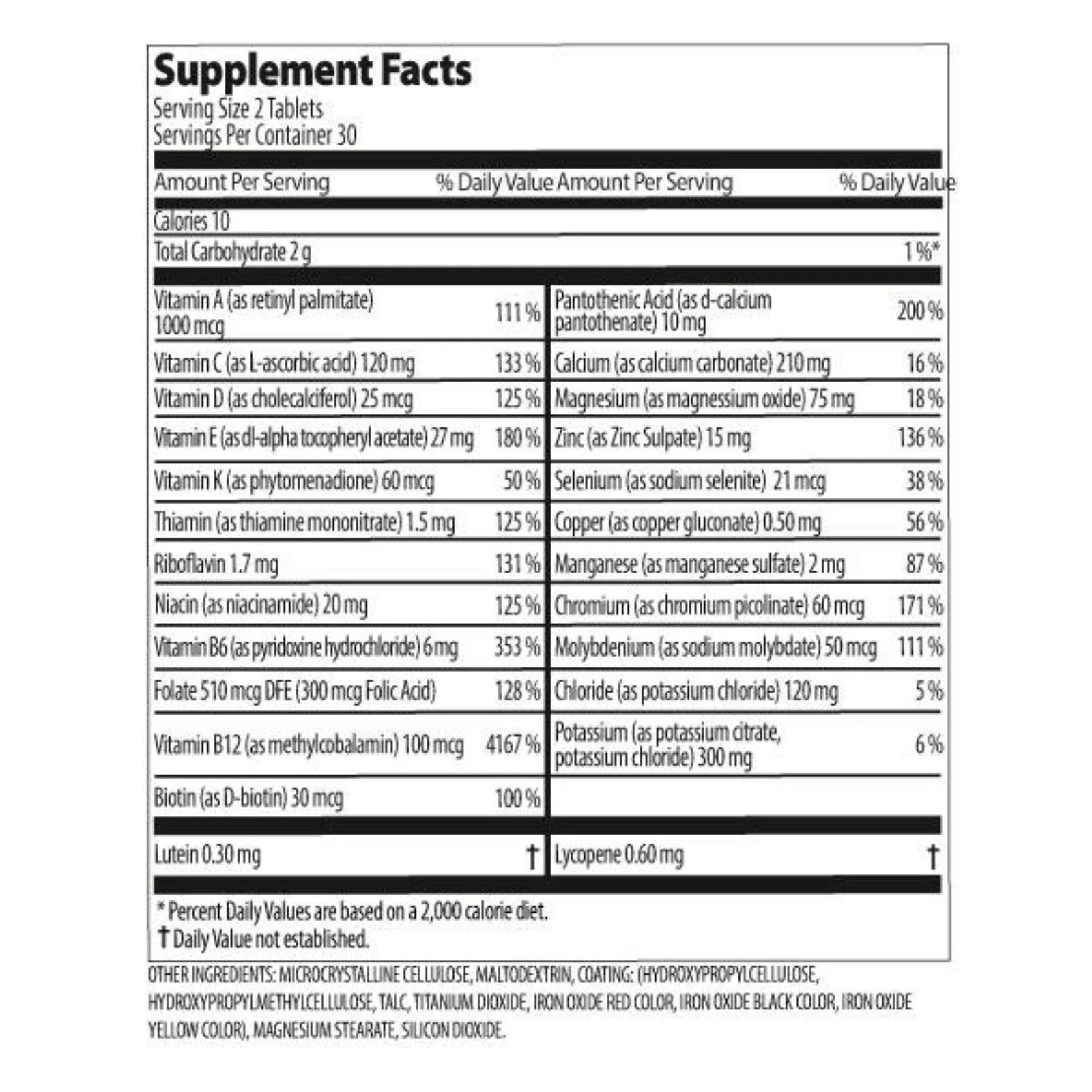 Supplement facts label with detailed nutritional information on a white background