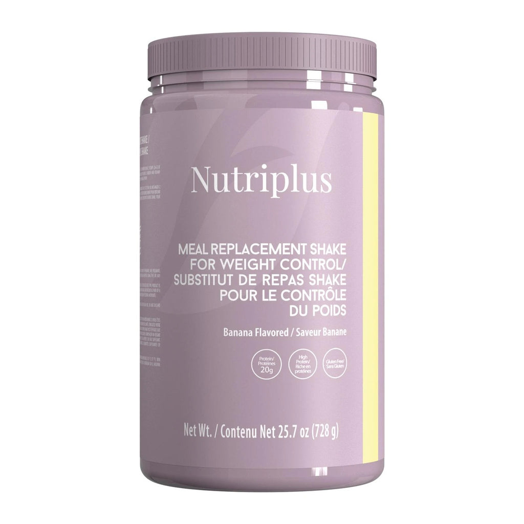 Purple container of Nutriplus meal replacement shake on a white background banana