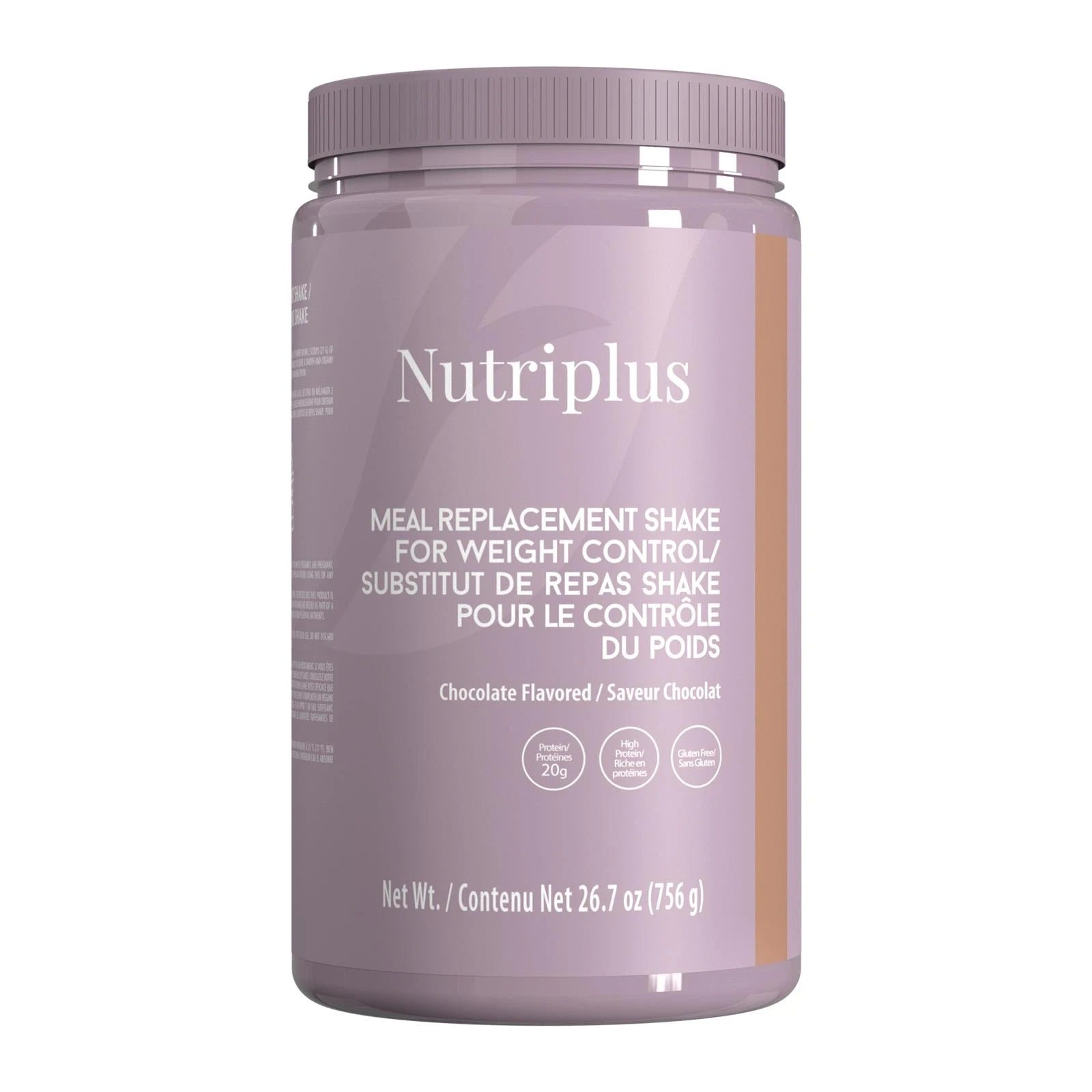 Nutriplus meal replacement shake container on a white background chocolate flavor