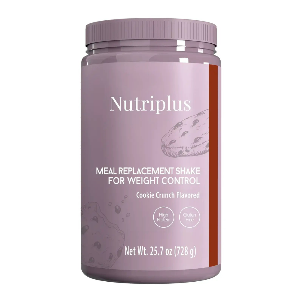 Purple container of Nutriplus meal replacement shake on a white background