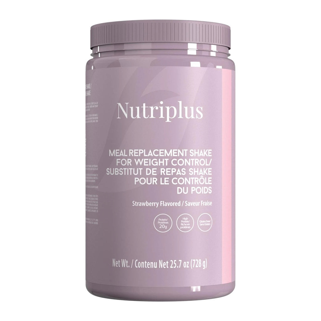 Purple container of Nutriplus meal replacement shake on a white background strawberry