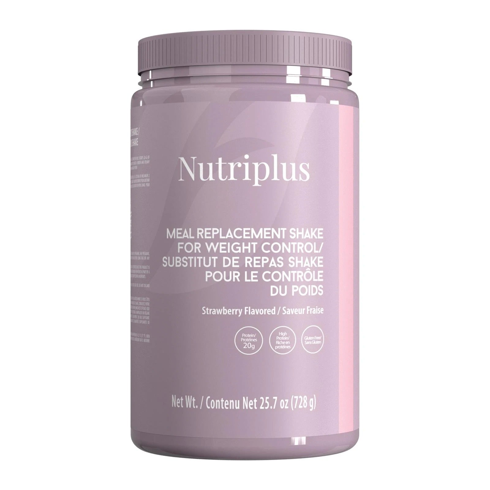 Purple container of Nutriplus meal replacement shake on a white background strawberry
