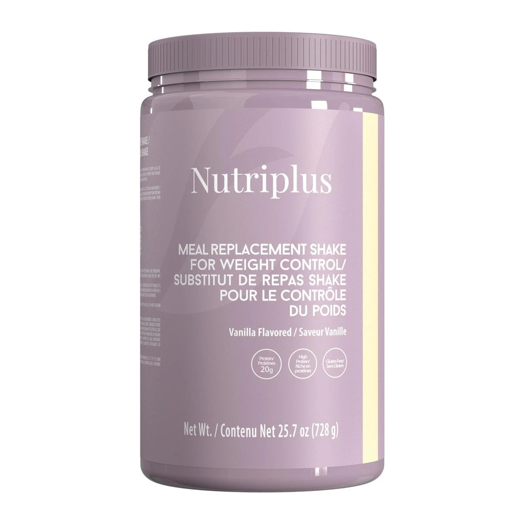 Purple container of Nutriplus meal replacement shake on a white background vanilla flavor