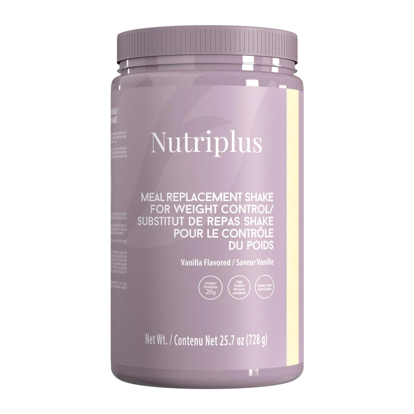 Purple container of Nutriplus meal replacement shake on a white background vanilla flavor