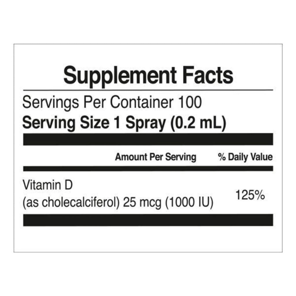 Supplement facts label for Vitamin D spray on a white background