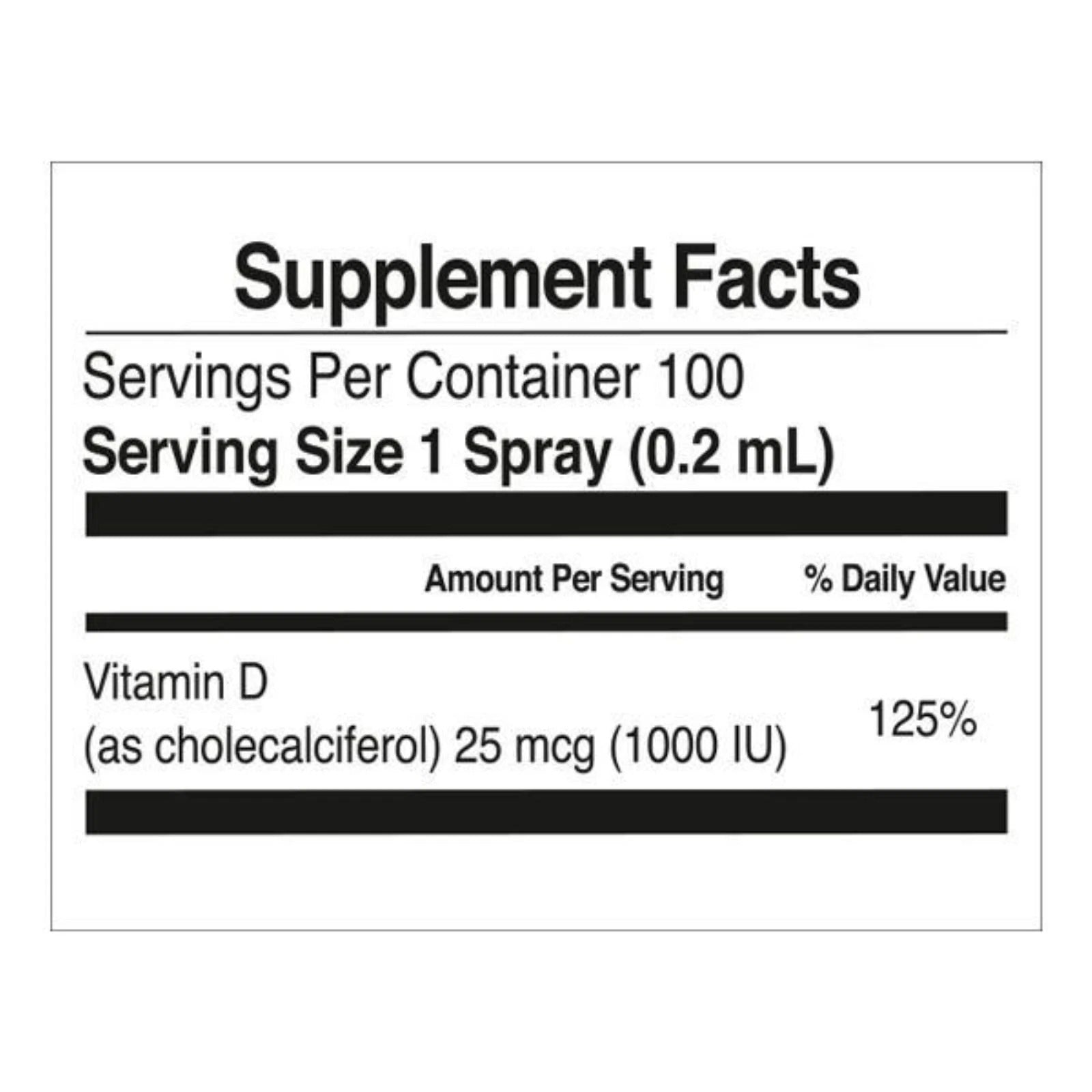 Supplement facts label for Vitamin D spray on a white background