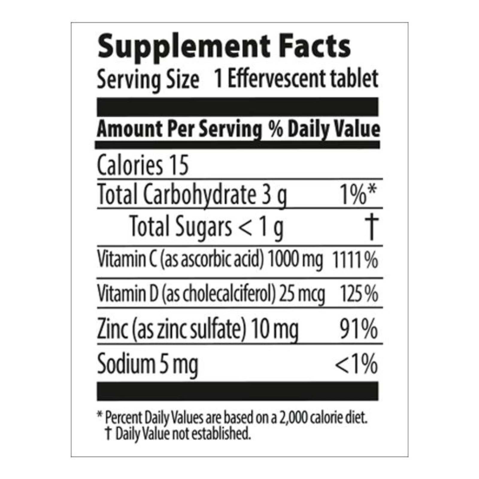 Supplement facts label for an effervescent tablet with nutritional information.